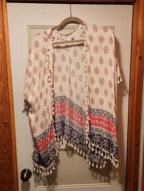 Boho Tassel Kimono in Ivory with Red & Navy Borders